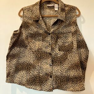 Vintage Linen Cotton blend sleeveless button up shirt 3X cheetah animal print